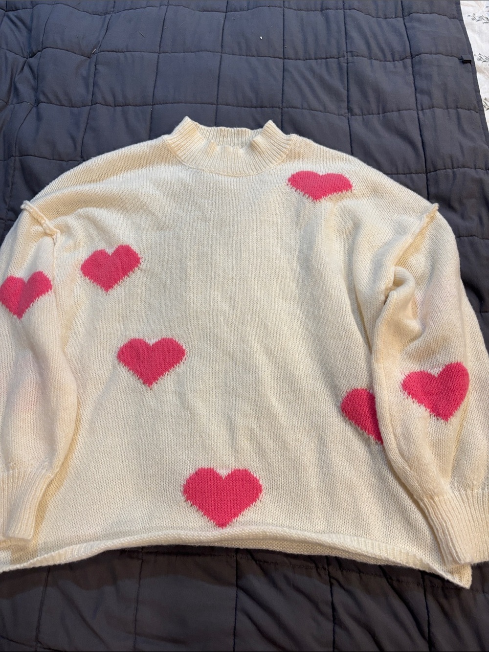 Cream Knit Turtleneck Sweater with Pink Heart Accents